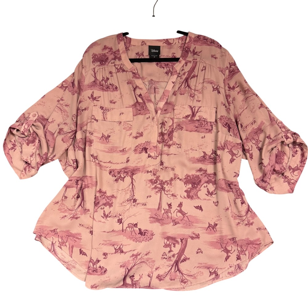 Torrid Disney Bambi Toile Harper Blouse Pink Roll Tab Sleeve Plus Size 4 / 4X